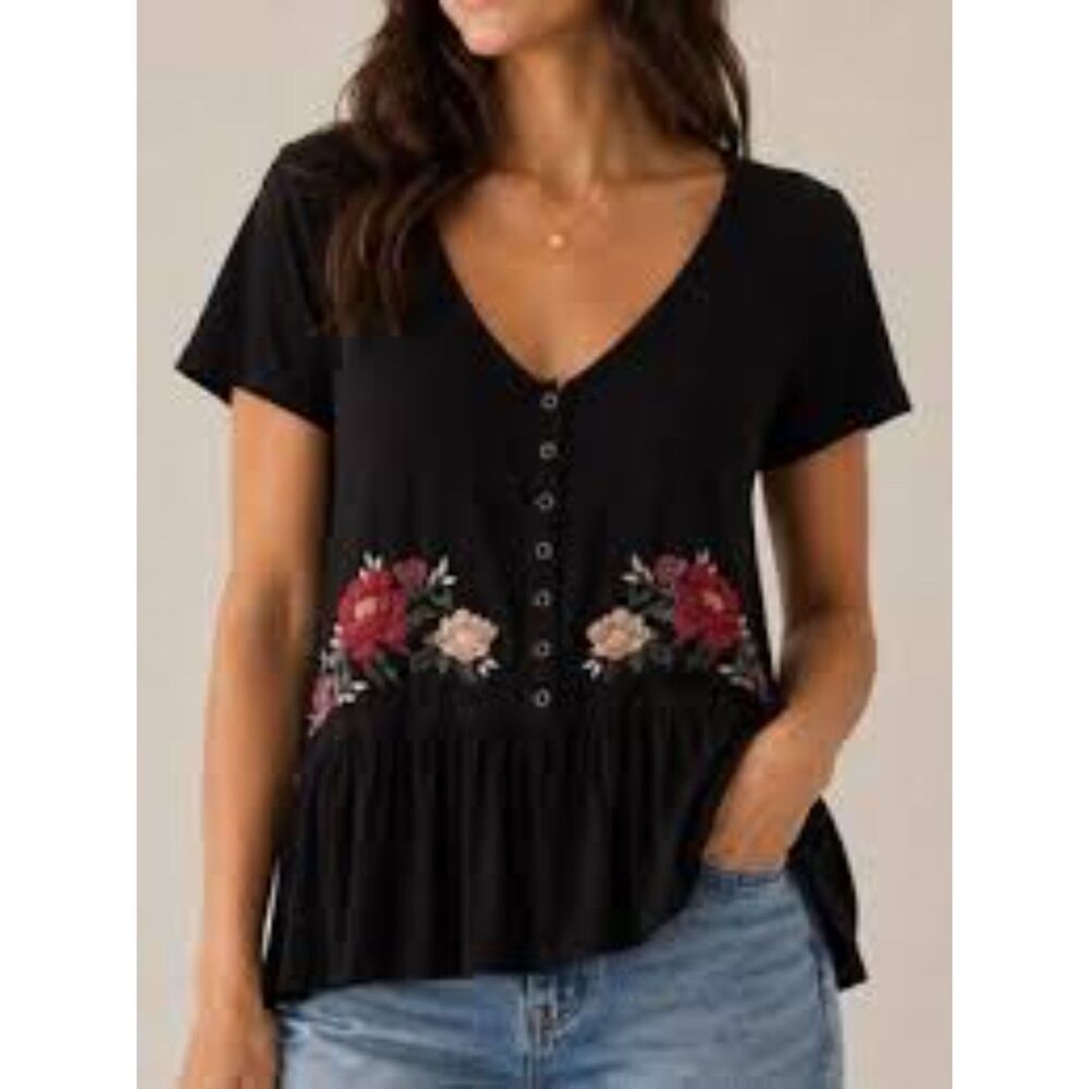 American Eagle Soft & Sexy Floral Embroidered Boho Peplum Top Black Size Medium